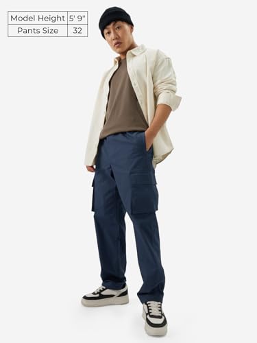 Image of The Souled Store Navy Blue Men and Boys Buttoned Straight Fit Cargo Ripstop Joggers