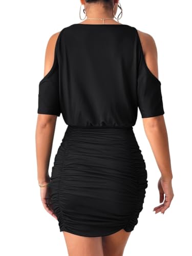 Womens summer dresses with Short Sleeve Cold Shoulder Ruched Dress