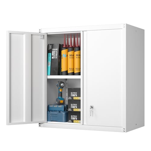 GREATMEET Locking Metal Wall Cabinet, Metal Wall Cabinets for Garage, Wall Mount Cabinet with Lock,...