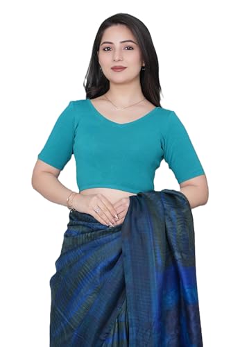 Image of Mlada V-Neck Stretchable Saree Blouse Top for Women | Slim Fit Short Sleeves Solid Cotton Blouses | Readymade Saree Blouses for Women Festive & Ethnic | Blouse Crop Top