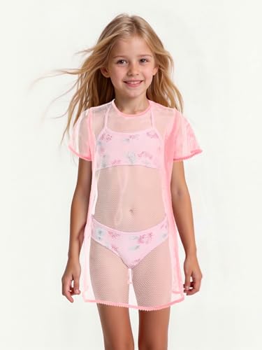 Girls Swim Cover Up Kids Short Sleeve Beach Bathing Suit Bikini Cover Wraps With Pom Pom Trim 4-13 Years4