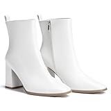 ALICEPUB White Booties Chunky Heel Boots, Womens Ankle Boots 3 Inch Heeled Boots Square Toe Short Boots, Womens Dress Boots Disco Boots Leather Work Boots Gogo Boots Fall Boots For Women, Size 10
