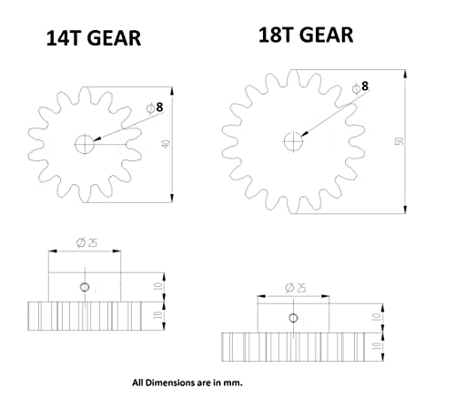 Image of INVENTO 1pcs 3D Printed Plastic Spur Gear 14 Teeth (40mm dia) + 18 Teeth (50mm dia), 10mm Width, 8mm hole, 2.5 Module for DIY Projects
