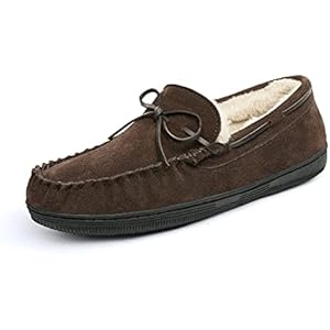 DREAM PAIRS Men's Moccasin Slippers Fuzzy Plush House Shoes Indoor Outdoor Fleece Lining Loafers 9.5 Brown