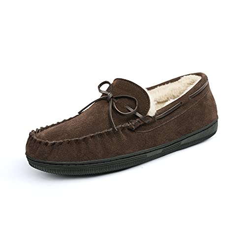 DREAM PAIRS Men's Moccasin Slippers Fuzzy Plush House Shoes Indoor Outdoor Fleece Lining Loafers 11 Brown