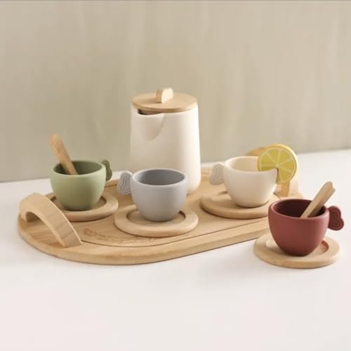 Wooden Tea Set with 4 Ceramic Cups, Serving Tray, and Storage Container, Multicolor