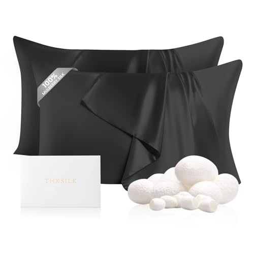 Image of THXSILK Set of 2 Mulberry Silk Pillowcases - 100% Pure Mulberry Silk - 22 Momme 6A High-Grade Fibers - Pillowcases for Hair and Skin - King Size Silk Pillow Case with Hidden Zipper - Black