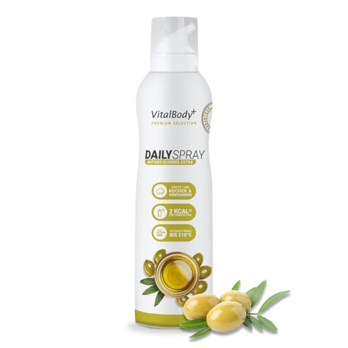 VitalBody+ DailySpray natives Olivenöl extra – 2 kcal Ölspray für Airfryer, Braten & Grillen – Kalorienarm Kochen – Non-stick cooking spray, 800 Portionen