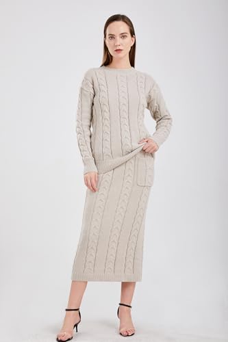 Image of utcoco Womens Sweater Sets Winter Chunky Cable Knit 2 Piece Outfits Sweater Skirt Set