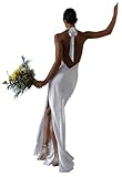 dideyttawl Halter Sleeveless Sexy Mermaid Wedding Dresses 2024 White Backless Satin High Side Slit Boho Bridal Gown 4