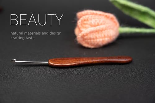 Image of SEVENSUN Crochet Hook 4.0mm - Handmade Ergonomic Crochet Hook - Stainless Steel Wood Handle Crochet Hook - Dreadlock Crochet Hooks Needle Crochet Accessories Crochet Hooks for Arthritic Hands, Red