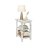 Alaterre Furniture Country Cottage 3-Tier End Table with 2 Open Shelves – Rustic Farmhouse Nightstand with Carved Edges & Square Turned Legs for Living Room or Bedroom (Distressed Antique White)