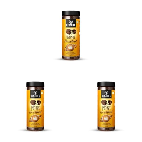 Image of Bevzilla 200 Gram Hazelnut Flavoured Instant Coffee Powder Jar | Arabica Beans | Best for Espresso, Latte & Cappucino | Hot & Cold Brew Ready (Pack of 3)
