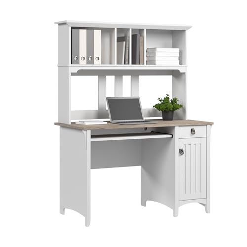 Bush Home Salinas Computer Desk with Hutch | Study Table with Drawers, Cabinets & Pullout Keyboard/Laptop Tray | Modern Home Office Desk in Pure White and Shiplap Gray | Work Desk with Storage