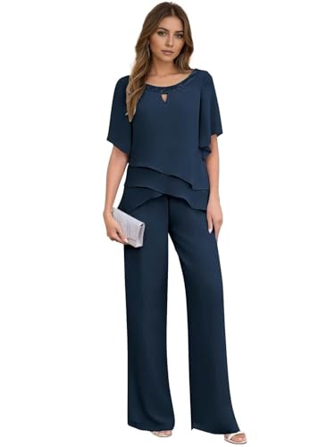 2 Pieces Mother of The Bride Pant Suits for Wedding Ruffle Sleeve Formal Pant Suit Sequin Chiffon Wedding Guest Outfits