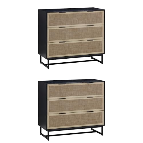 Image of Nathan James Kova Boho Dresser or Storage Cabinet with Drawers for Bedroom or Nursery with Textilene Rattan Accent and Metal Legs, Black Oak, Set of 2