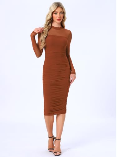 Image of Allegra K Mesh Dress for Women Long Sleeve Mock Neck Ruched Bodycon Dresses | Ruched, Lightweight Stretchy Mesh Sheer, Evening, Cocktail, Party Club