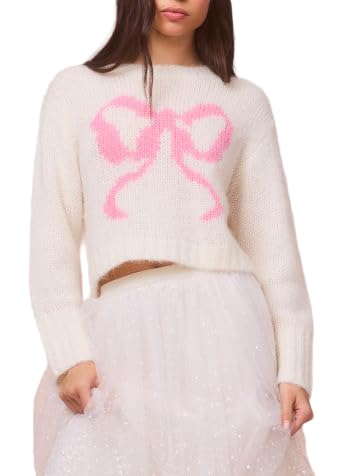 Cute Bow Cropped Sweater for Women Y2k Long Sleeve Crew Neck Ribbed Girly Knitted Fall Winter Holiday Pullovers