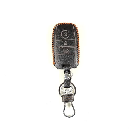Image of Leather Smart Car Key Cover Case with Metal Hook Keychain for Kia Seltos, Sonet, Carens (Black)