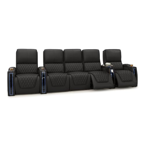 Image of Seatcraft Apex Black Italian Leather Home Theater Seating, Zero Gravity Power Recliner Chair, Powered Headrest and Lumbar Gaming and Lounge Sofa Furniture for Cinema Room, Row of 5 Middle Sofa