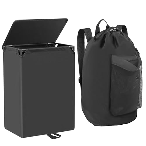 Foluck 60L 2-in-1 Laundry Hamper with Laundry Backpack, Waterproof Basket with Lid, Laundry Bag with Shoulder Straps and Mesh Pocket, Hamper for College Dorm, Travel, Apartment, Laundromat