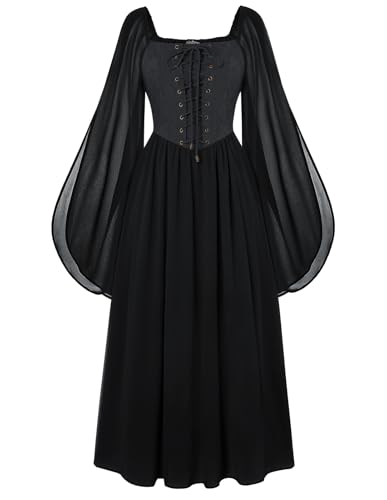 Ren Faire Damen Rockabilly Kleid Einfarbig Lace Up Flowy Swing Fairycore Kleid Schwarz S