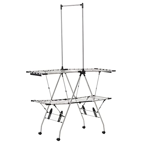 HOMCOM Séchoir à Linge étendoir Pliable avec roulettes Grand Espace d'étendage Acier Inoxydable 138,5 x 63 x 208 cm Argent Noir