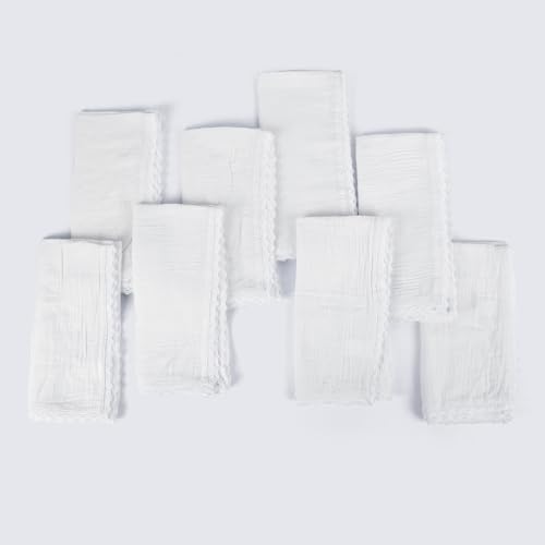 Image of FINGERCRAFT Cloth Napkins Set of 8, 20x20 Inch, Soft Cotton Muslin Dinner Napkins with Lace Edge, Reusable Washable Table Napkins for Wedding, Party, Dining & Home Decor (Off-White)