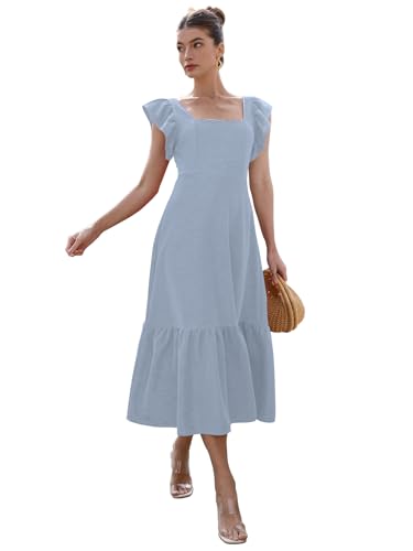 Image of Sugathari Girl's & Women's Solid Color Square Neck, Ruffle-Trimmed Hem Sleeveless, Ruffle Armhole and Casual Dress with Cinched Waist Vacation Outfits Woman (Dress 176)
