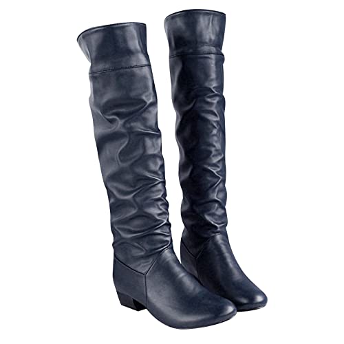 Ctreela Knee High Boots for Women Pull On Chunky Low Heel Winter Boots Fashion Solid Pointed Toe Slouchy Motorcycle Boots