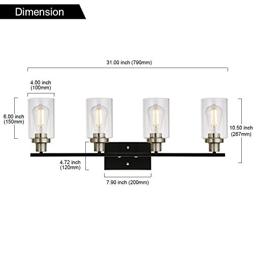 MELUCEE 4-Light Modern Vanity Lights with Clear Glass Shade, Black Bathroom Lighting Fixtures Over Mirror Brushed Nickel Wall Mount Lamp for Bedroom Vanity Table Mirror Cabinets