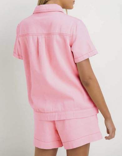 Image of Kedera Summer Denim Set for Women 2 piece Casual Short Sleeve Boxy Shirt Tops and Shorts Pants Lounge Sets Outfits