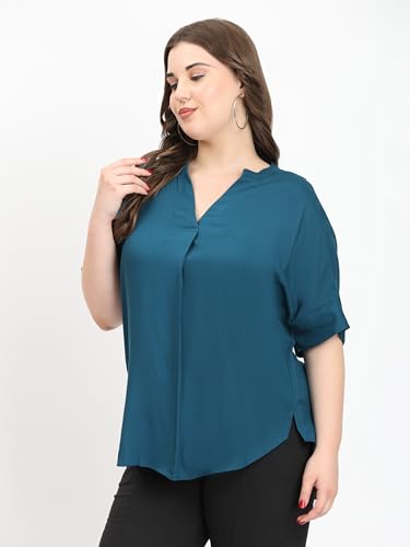 Image of SINDOORI Relaxed Fit Tops for Women Plus Size Solid Printed Mandarin Collar, Band Collar, V-Neck Top, Half Sleeve Loose Fit
