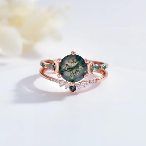 Natural Moss Agate Engagement Rings Set for Women 925 Sterling silver with plated 18k rose gold 2CT Round Green Moon Leaf Art Deco Bridal Wedding Ring Set4