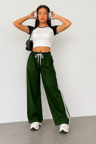 Image of SAKHWALA Women Track Pant | Women's Wide Leg Track Pants High Waist Drawstring Sweatpants with Side Stripes, Casual Loose Fit Lounge Joggers, Dark Grey
