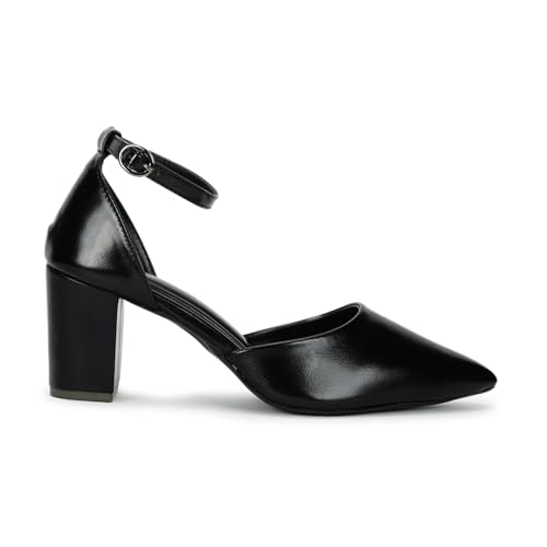 Image of Marc Loire Women's Pointed Toe Block Heel Pumps | Office & Party Shoes with Ankle Loop & Buckle Strap | Formal Footwear