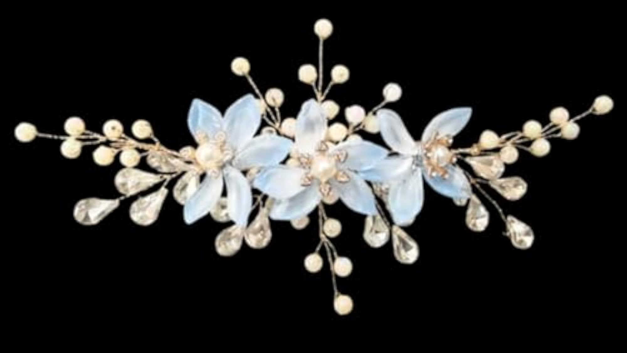 Bridal Hair Accessory with Blue Flowers and Pearl Beads