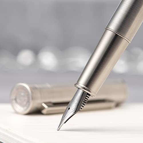 Image of Hongdian 1861 Stainless Steel Fountain Pen Long Blade Nib, Classic Design Smooth Writing Pen with Converter and Metal Pen Case Set