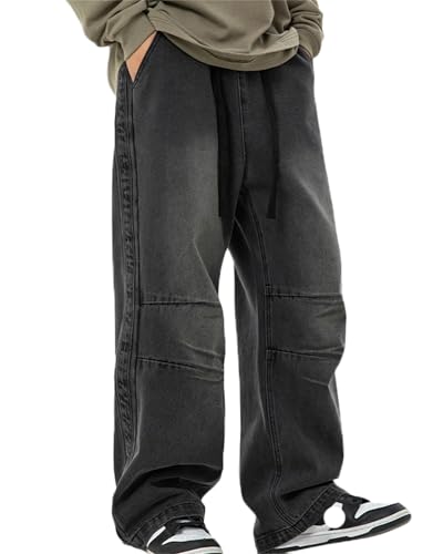 Men's Straight Leg Jeans Casual Drawstring Elastic Waist Denim Pants Loose and Minimalist Retro Style