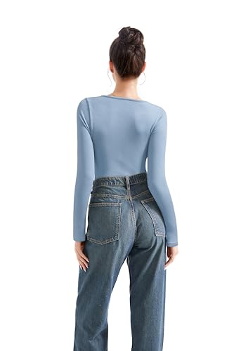 Image of SUUKSESS Women Sweetheart V Neck Long Sleeve Tops Lace Trim Ribbed Modal Fall Going Out Shirts