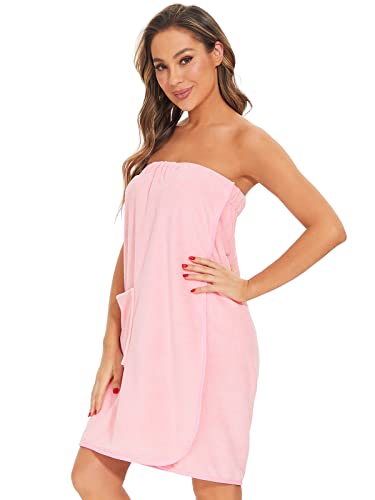 Ymmchy Sauna Frottee Bademantel Damen Saunatuch Saunakilt mit Druckknöpfen, Tasche und Gummizug Rosa S/M