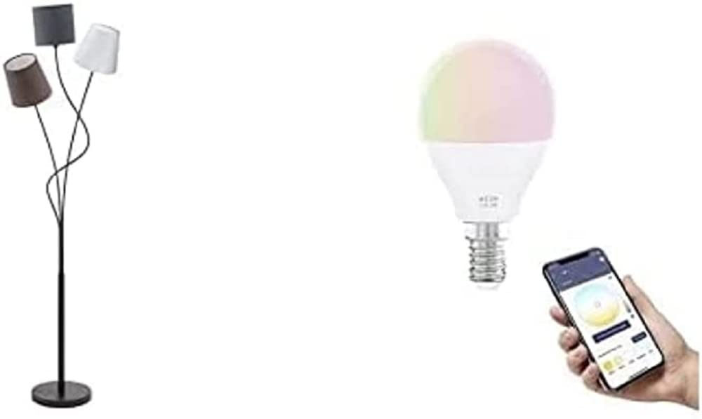 Eglo Lampadaire Newtown, lampe de sol avec 3 ampoules LED E14 connectées connect.z, lampe de salon dimmable en acier noir et tissu en anthracite, blanc et marron, RGB, blanc chaud - froid