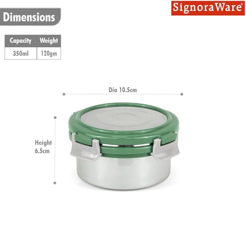 Image of Signoraware Lock N Store Stainless Steel Round Container With Steel Lid | Airtight & Leakproof | Compact & Durable | Ideal for Snacks, Office, School & Travel Use (350ml | EGreen)