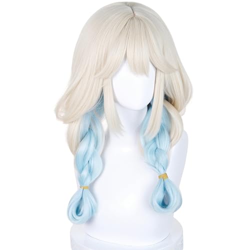 Image of Half and Half Long Blonde Blue Braid Anime Cute-Puppy Cosplay Wig with Bangs Kawaii Lolita Costume Wigs + Bow + Hairpins for Women Halloween Party