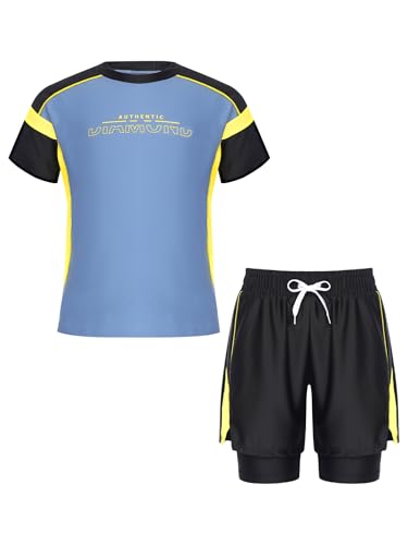 Kids Boys 2Pcs Short Sleeve Color Block Rash Guard Swim Shirt with Drawstring Double Layers Swim Shorts3