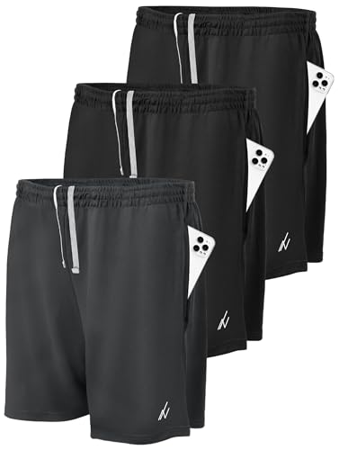 NY Threads 3 Pack Men's Athletic Shorts Quick Dry Lightweight Workout Running Gym Shorts with Pockets, Large, Black/Black/Dark Grey