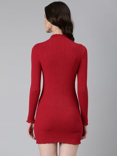 Image of SHOWOFFFF Women Solid Bodycon Casual Dress | High Neck Half Sleeves Knitted Dress for Womens | Above Knee Dress for Women's