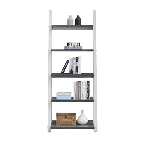 5-Tier-Ladder-Shelf-7201-Tall-Freestanding-Bookshelf-Rustic-Wood-Storage-Display-Rack-Space-Saving-Leaning-Ladder-Design-for-Living-Room-Home-Office-Grey