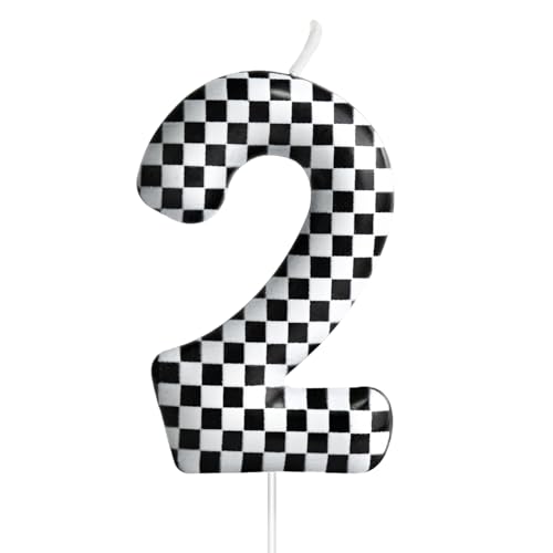 Racing Cars Themed Birthday Candle Number 2 Checkered Candle Birthday Party Decoration Cake Topper for Racing Car Party Decoration Theme Party Supplies (Number 2)