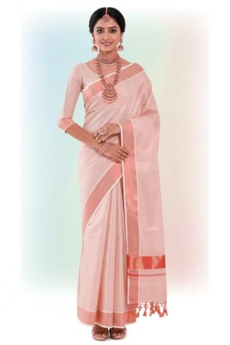 Image of Women's Kerala Tissue Plain Saree with Running Blouse| Onam & Vishu Kani Special | Traditional Kasavu White Colour